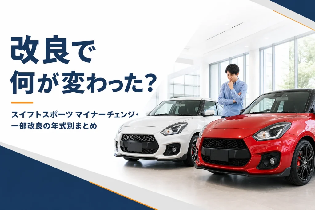 スイフトスポーツのマイナーチェンジと一部改良の違いを解説する記事のアイキャッチ