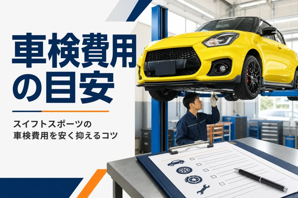 整備工場のリフトに上がったコンパクトハッチバックと点検記録のアイキャッチ
