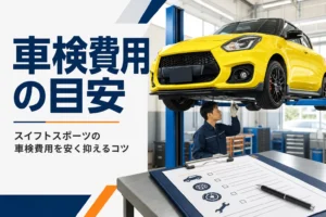 整備工場のリフトに上がったコンパクトハッチバックと点検記録のアイキャッチ