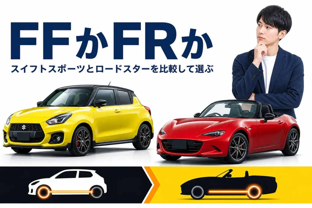 スイフトスポーツとロードスターを並べてFFとFRの違いを示すアイキャッチ