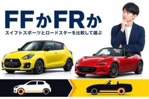 スイフトスポーツとロードスターを並べてFFとFRの違いを示すアイキャッチ