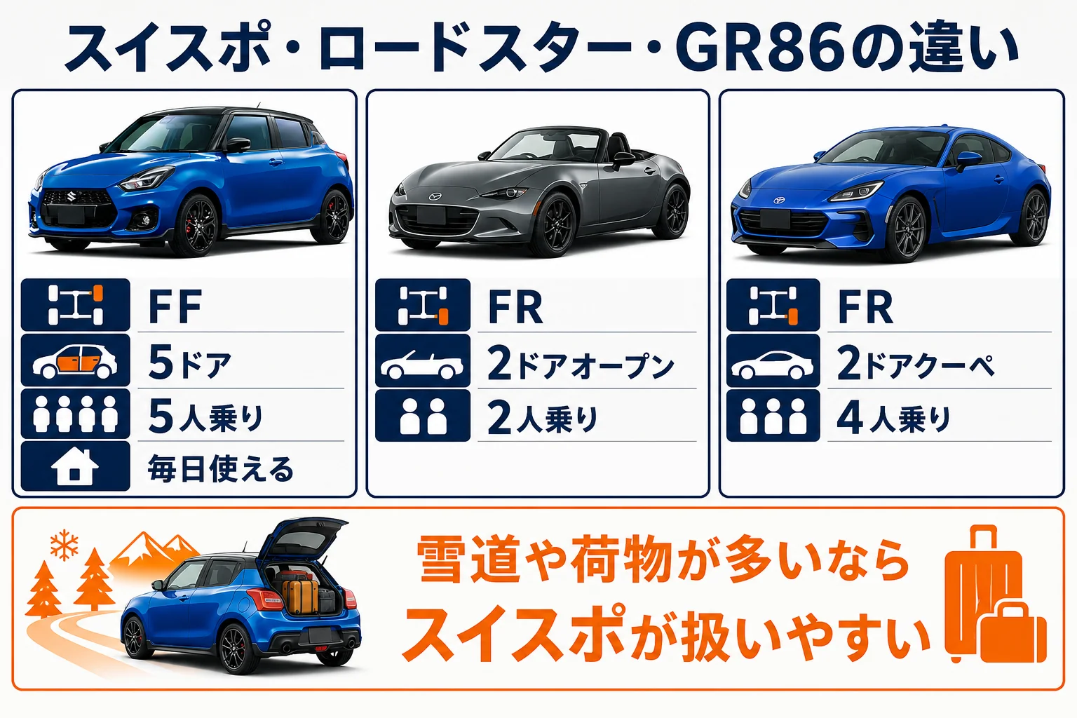 スイフトスポーツとロードスター・GR86の駆動方式と使い方の違いを並べた図解