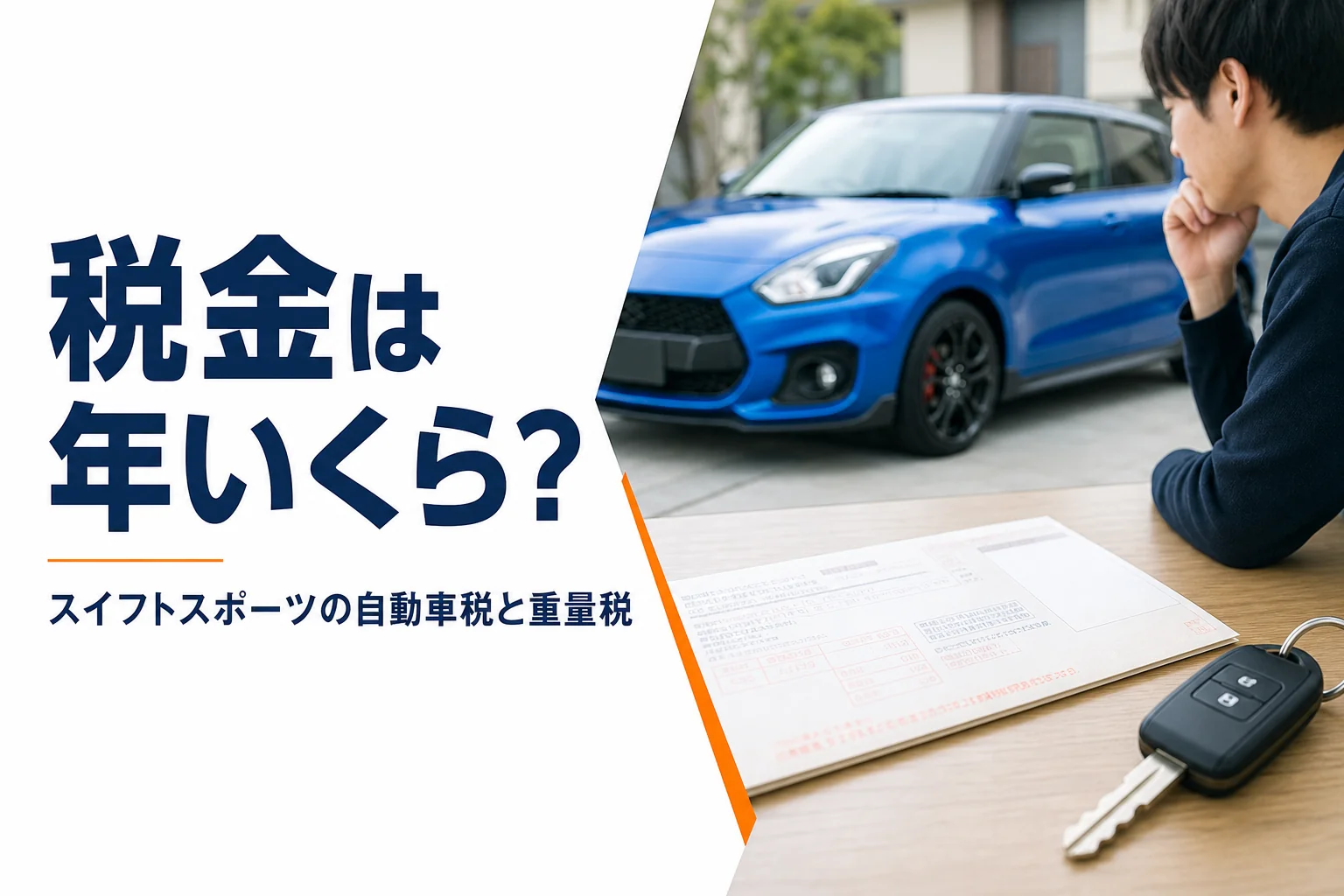 納税通知書と車のキー、背景のコンパクトハッチバック
